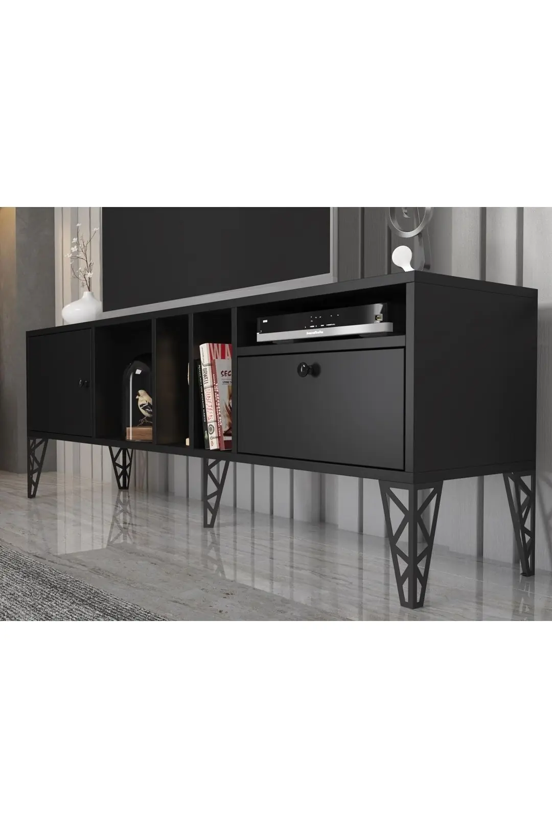 Cercei 160 Cm Metal Ayaklı Tv Ünitesi - Siyah / Siyah